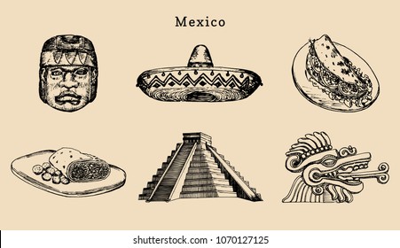 Drawn set of well-known Mexican attractions. Vector illustrations of Olmec and Aztec sights. Latin American tourist icons and national street food symbols.