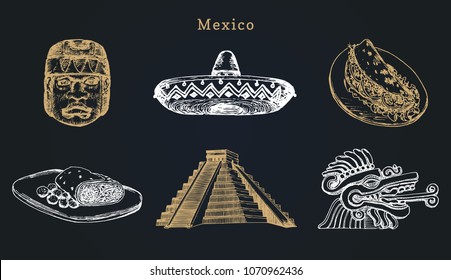 Drawn set of well-known Mexican attractions. Vector illustrations of Olmec and Aztec sights. Latin American tourist icons and national street food symbols.