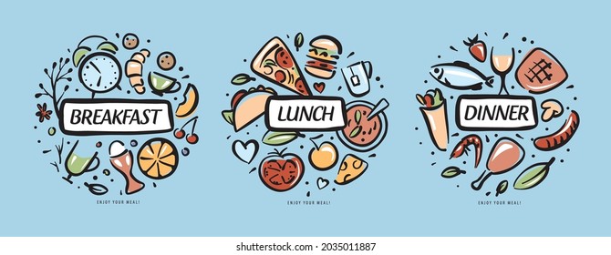 Drawn sets of products for breakfast, lunch and dinner