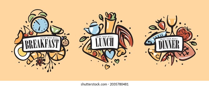 Drawn sets of products for breakfast, lunch and dinner