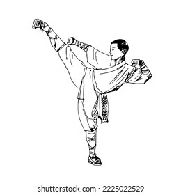 Drawn Shaolin monk wushu kung fu stance. Vector illustration graphic resources clipart sketch 