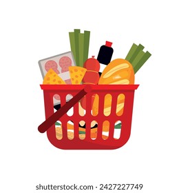 Drawn shopping basket with food on white background