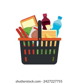 Drawn shopping basket with food on white background