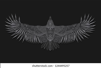Drawn silhouette flying owl on the black bckground. Grey bird. Symbol of freedom