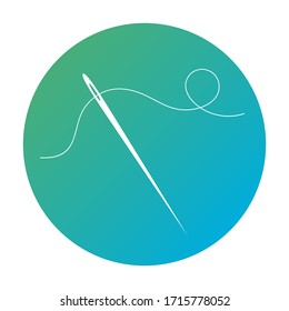 Drawn silhouette of a sewing needle with thread. Symbol on a round blue background. Vector isolated illustration.