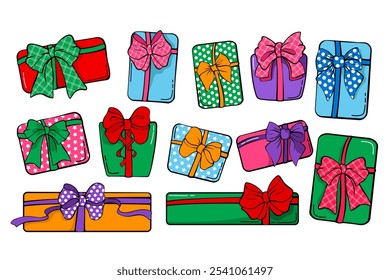  Cajas de regalo de dibujos animados simples dibujadas con lazos y cintas para las vacaciones, conjunto de cajas de regalo de Navidad de colores.