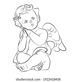 Drawn sitting child angel. Little Cupid. Amour.