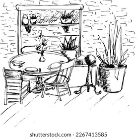 Drawn sketch of a coffee shop. Street sketch. Institution. Cafe. Breakfast. Meeting with friends. Menu. Street. Open. Snack.