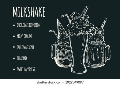 Drawn sketch menu of milk freakshakes