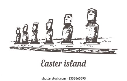 Drawn sketch Moais at Ahu Tongariki in Easter island vector illustration isolated on white background.