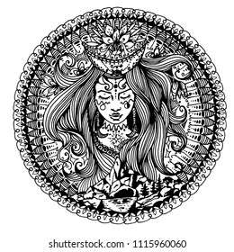 Drawn sketch of the moon goddess, mandala, vector image.