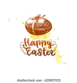 A drawn sketch painted a beautiful Easter egg bandaged with a ribbon on a bow. In brown and yellow colors. Happy Easter handwritten lettering. background of green and yellow splashes.