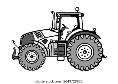A drawn sketch of a tractor. Outline agrimotor, side view. Modern flat vector illustration. Side view of modern farm tractor