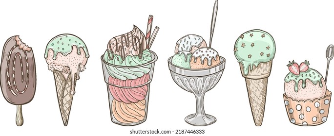 Drawn sketch for vintage menu design. Hand drawn food elements with ice cream. Engraved style.