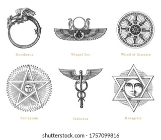 Drawn sketches of magical and mystical symbols. Set of vector illustrations in engraving style. Vintage pastiche of esoteric and occult signs. 