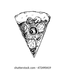 Drawn slice of pizza. Hand drawn vector stock illustration. Black and white whiteboard drawing.