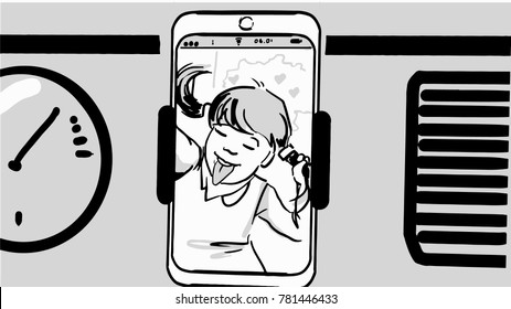 Drawn smartphone attached to the car panel. On the smartphone there is selfie of a girl with pigtails and sticking out her tongue. Black and white vector sketch. Simple drawing.