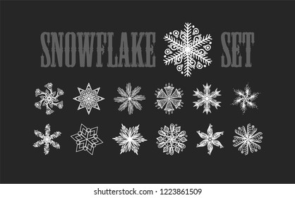 Drawn snowflake set. The winter collection of snowflakes. Vector snow.