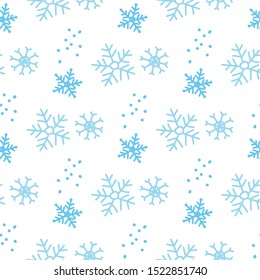 Drawn snowflakes vector seamless pattern. Blue and white background.