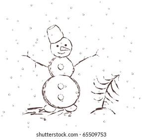 drawn snowman with christmas tree. New year illustration
