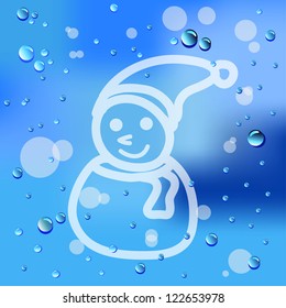 Drawn Snowman and raindrops on glass