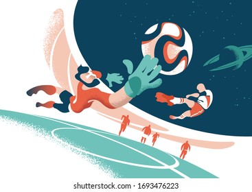 Drawn soccer players in action. Кick the ball and goalkeeper save