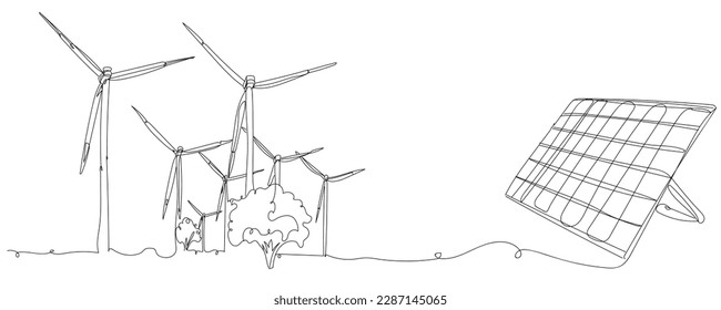 Drawn solar panel and windmills on white background