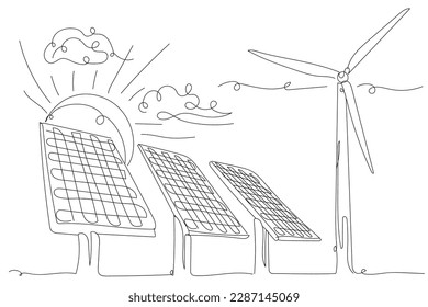 Drawn solar panels and windmill on white background