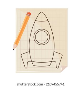 drawn spaceship and pencil on paper