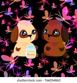 Drawn spaniels with honey on a background of colored butterflies and flowers. vector