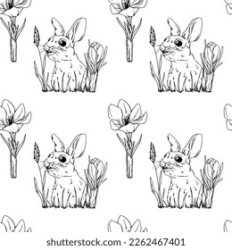 Drawn spring vector pattern. Line art. Sketch. Crocuses. Rabbit. Bunny in crocuses. Spring print. Spring. First flowers. Easter. Happy easter. Holidays.
