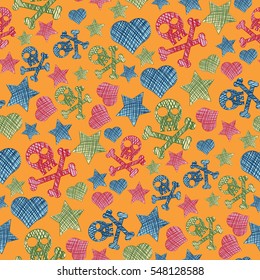 Drawn stars skull and bones seamless funky pattern