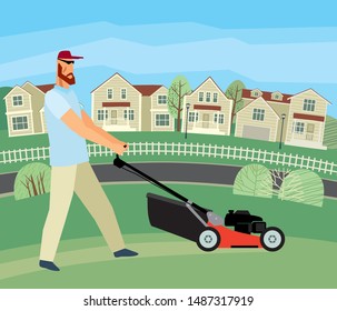 Drawn stern man mows grass with a lawn mower against the background of houses. Vector full color graphics