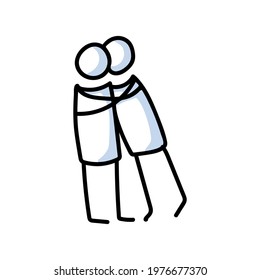 Drawn stick figure of 2 friends hugging. Support of young people embrace together illustrated vector sketchnote. 