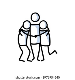 Drawn stick figure of 3 friends hugging. Support of young people embrace together illustrated vector sketchnote. 