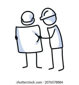Drawn stick figure with blueprints. Construction worker for industry sketchnote. Vector illustration of person on building site