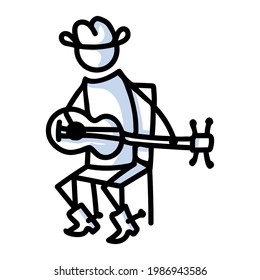 Drawn stick figure of cowboy musician western clip art. Wild masculine guitar player for rodeo folk icon vector sketchnote or illustrated  scrapbook.