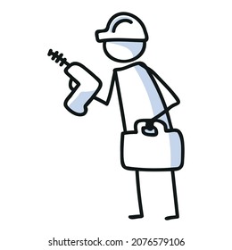 Drawn stick figure with drill construction worker. Tool use for industry sketchnote. Vector illustration of person on building site. 