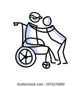Drawn stick figure grandpa hugging grandchild vector. Senior together support embrace illustration. 