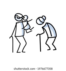 Drawn stick figure of grandparents hugging grandchild. Elderly embrace together support illustrated vector sketchnote.