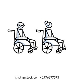 Drawn stick figure of old man and old woman in wheelchair. Elderly handicapped support illustrated vector sketchnote.