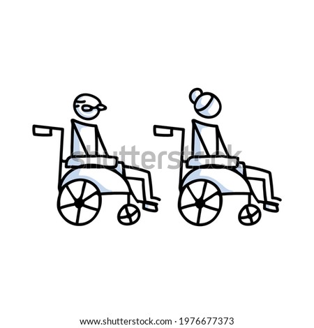 Drawn stick figure of old man and old woman in wheelchair. Elderly handicapped support illustrated vector sketchnote.