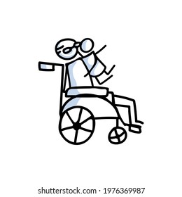 Drawn stick figure of senior man hugging grandchild in wheelchair. Elderly embrace together support illustrated vector sketchnote.