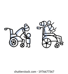 Drawn Stick Figure Of Senior Woman Hugging Grandchild In Wheelchair. Elderly Embrace Together Support Illustrated Vector Sketchnote.