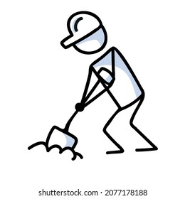 Drawn stick figure with spade construction worker. Tool use for industry sketchnote. Vector illustration of person on building site. 