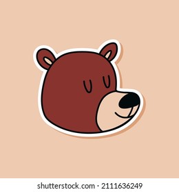 Drawn sticker doodle of a bear with closed eyes. Isolated sticker of cute wild animal head. Vector illustration of animal nature.