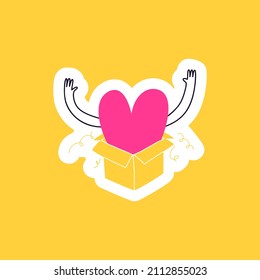 Drawn sticker doodle heart in a box. A loving heart jumps out surprise from their boxes on a yellow background. Valentine's day sticker vector illustration.