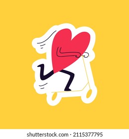 Drawn sticker doodle heart rolls on a scooter. A loving heart rushes along the road on a scooter on a yellow background. Valentine's day cartoon sticker vector illustration.