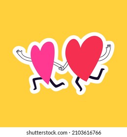 Drawn sticker doodle hearts. A couple in love runs holding hands on a yellow background. Valentine's day cartoon sticker vector illustration.