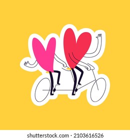 Drawn sticker doodle hearts on a double bike. A couple in love rides an abstract bicycle on a yellow background. Valentine's day sticker vector illustration.